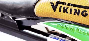 Close-up of a Viking speed skate fitted with a green sensor.